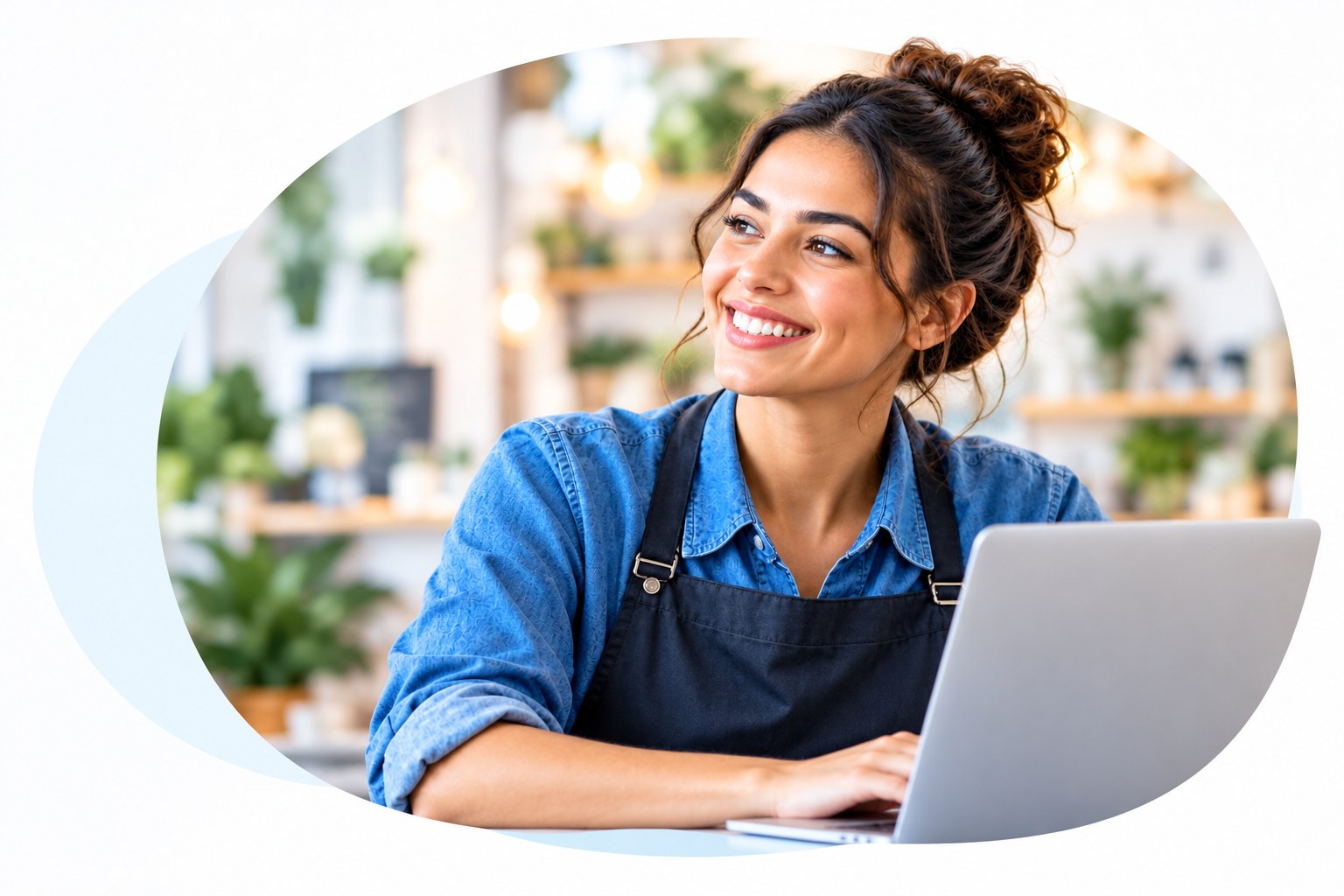 Small business owner smiling while working on a laptop